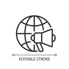 Global marketing pixel perfect linear icon. Worldwide market. Attract customers in other countries. Thin line illustration. Contour symbol. Vector outline drawing. Editable stroke. Arial font used