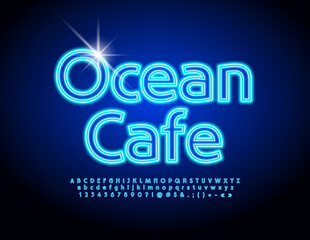 Vector bright sign Ocean Cafe with illuminated Led Font. Blue neon set of Alphabet Letters, Numbers and Symbols