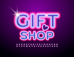 Vector neon signboard Gift Shop. Bright Glowing Font. Modern Electric Alphabet Letters, Numbers and Numbers set