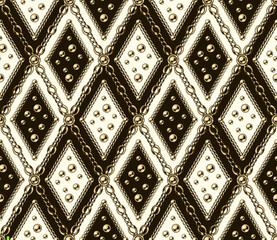 Seamless vintage diagonal pattern with rhombus grid, gold chain, beads, buttons. Geometric classic black and white background. Vector illustration