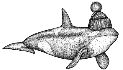 Vintage engrave isolated dressed fashion saw fish set illustration costume killer whale ink sketch. Wild new hat sunglasses hipster hammer shark background line glasses dolphin vector art © Turaev