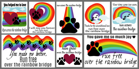 Fototapeta na wymiar Pets loss card set, run across the rainbow bridge for design