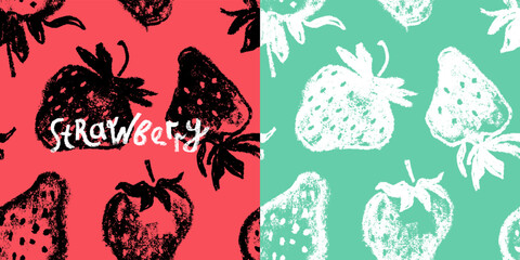 Vector Organic strawberries seamless pattern, strawberry illustrations, hand-drawn berry for vegan banner, juice, jam label design. Ripe berries background for baby food packaging. Strawberry ackdrop.