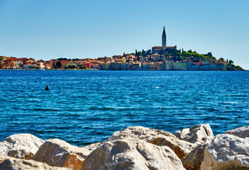View of an peninsula with a village in the Croatian Adriatic Sea in Dalmatia