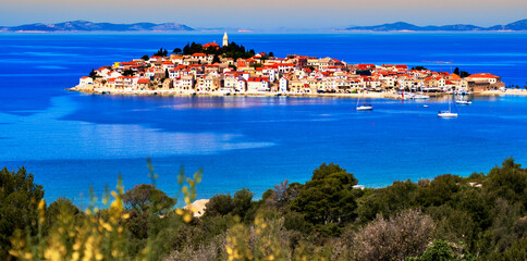 View of an island with a village in the Croatian Adriatic Sea in Istria