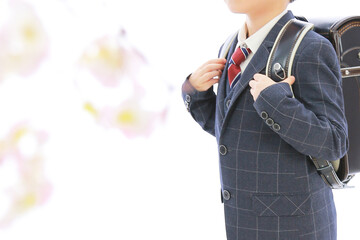 黒いランドセルを背負い花を見つめる男の子