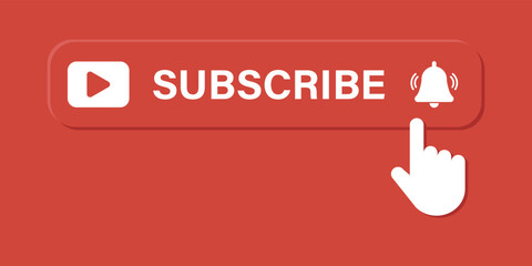 Subscribe Button with Bell Icon and Hand Cursor for Video Channel, Blog, Website. 3D Button. Red Background.