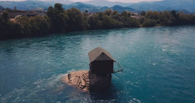 A house on a rock on the Drina River in Serbia