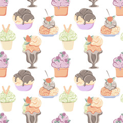 Seamless pattern with different ice cream in a cup. Ideal for fabric, printing, wrapping, decoration. Sweet dessert. Vector illustration