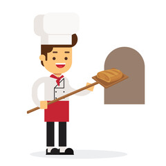 Baker holding bakery peel tool with bread