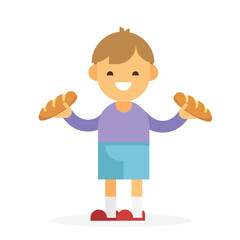 Obraz premium Happy Cute Kid Boy Holding Fresh Bread