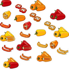Naklejka premium Set of red, yellow, and orange mini sweet peppers. Whole, half, sliced and wedges of capsicum. Fresh organic and healthy vegetables. Cartoon style. Vector illustration isolated on white background.