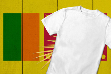 Patriotic t-shirt mock up on background in colors of national flag. Sri Lanka