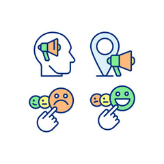 Promotion and feedback pixel perfect RGB color icons set. Neuromarketing. Local marketing. Client satisfaction. Isolated vector illustrations. Simple filled line drawings collection. Editable stroke