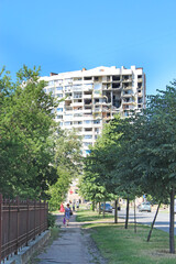 multi-storey building in Chernihiv where rocket hit. dilapidated building