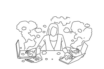 Cartoon of working woman writing on keyboard with anger. line art style