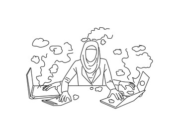 Illustration of hijab muslim business woman writing with anger on keyboard. Outline drawing style art