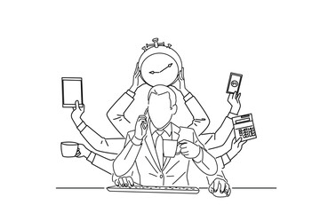 Drawing of Businessman with many hands works simultaneously. line art style