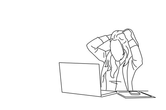 recommend clip art: Cartoon of business woman at the desk with a laptop chip her hair and screaming. line art style