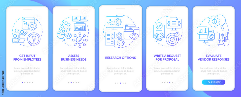 Poster picking good cms blue gradient onboarding mobile app screen. vendor responses walkthrough 5 steps gr