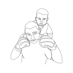 Father in boxing gloves and son sitting on his back. Sketch. One line art