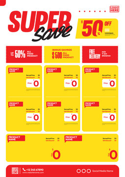 product flyer template design with super save promo