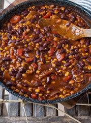 Vegan chili or Chili sin carne in a skillet