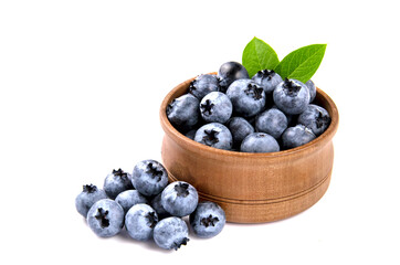 Blueberries with leaves isolated on white backgrounds.