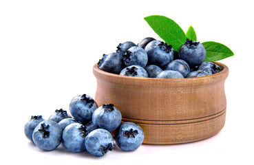 Blueberries with leaves isolated on white backgrounds.