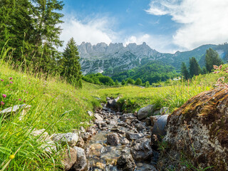 Wilder Kaiser Mountain Chain with a water creek at the foreground
