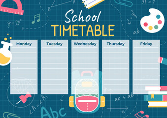 School timetable, weekly classes schedule on green blackboard background.