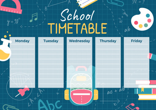 School timetable, weekly classes schedule on green blackboard background.