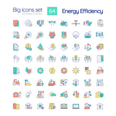Energy efficiency RGB color icons set. Power conservation. Sustainability. Isolated vector illustrations. Simple filled line drawings collection. Editable stroke. Quicksand-Light font used