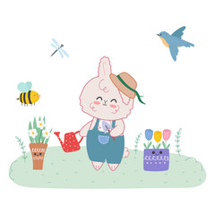 Vector illustration of kawaii rabbit watering flowers in the garden. Summer and spring concept for postcards, posters and decor.