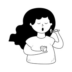 Vector doodle illustration Woman eating salad .Healthy food and diet concept