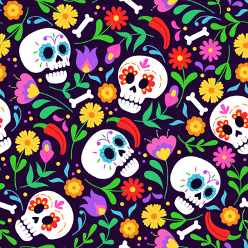 Seamless pattern for Day of the dead Dia de los Muertos holiday. Background  with skull and floral ornament. Vector illustration for fabric, wrapping paper, textile, wallpaper and apparel. 