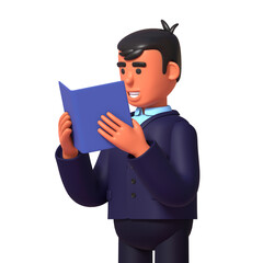 3d render of businessman in dark suit reading a book