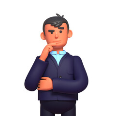 Fototapeta premium 3d render of businessman in dark suit thinking, making decision