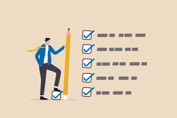 Getting things done, completed tasks or business accomplishment, finished checklist, achievement or project progression concept, businessman expert holding pencil tick all completed task checkbox. - obrazy, fototapety, plakaty