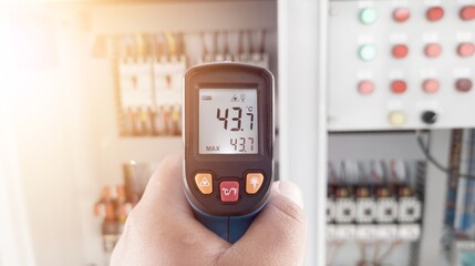 an electrician is using a thermogun to analyze sub-wires and components, use digital infrared...