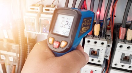 temperature measurement on the main power cable of the electrical panel using a digital infrared thermometer, to detect overcurrent, check the temperature of the cable.