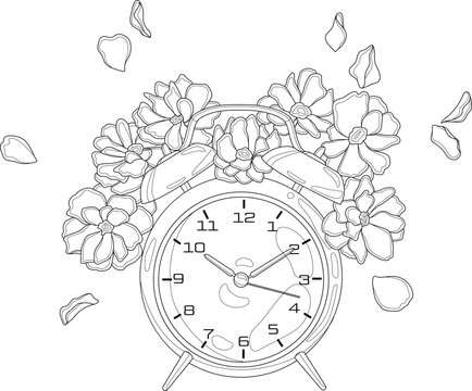 Realistic retro alarm clock with flowers and petals sketch template. Graphic vintage vector illustration in black and white for games, background, pattern, decor. Coloring paper, page, story book