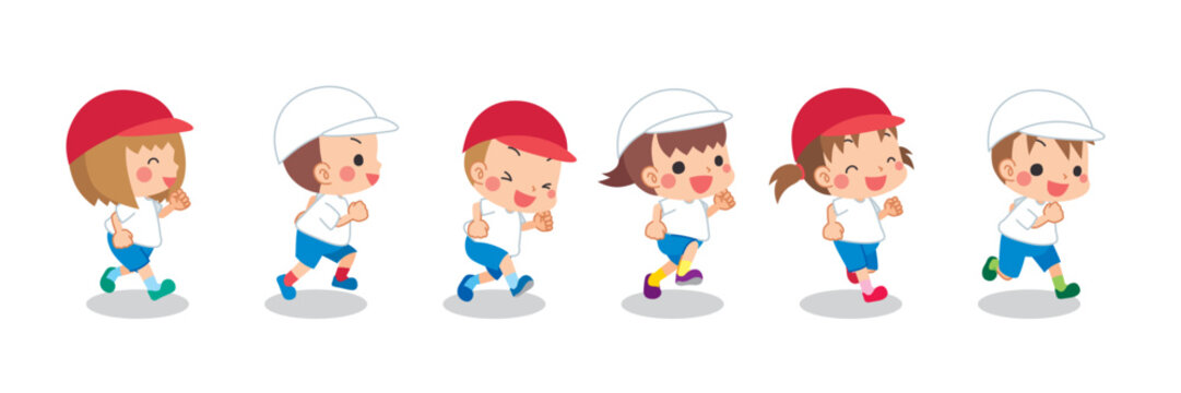 徒競走をする可愛い小さな子供たちのイラスト　セット　クリップアート　白背景　全身　人物