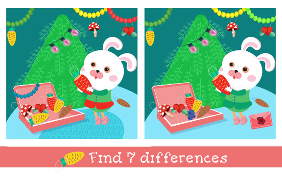 Find 7 differences. Game for children. Cute bunny in dress decorates Christmas tree with toys. Cartoon character in room. 