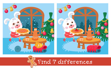 Find 7 differences. Game for children. Cute mother rabbit in dress and apron carries Christmas cake. Vector illustration.