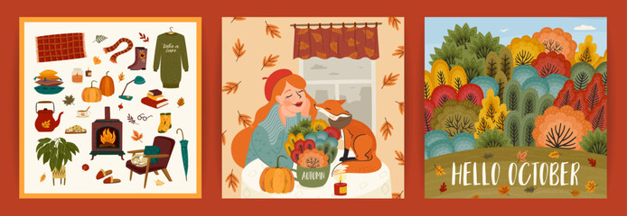 Fototapeta premium Set of autumn illustrations with cute girl. Vector design for card, poster, flyer, web and other