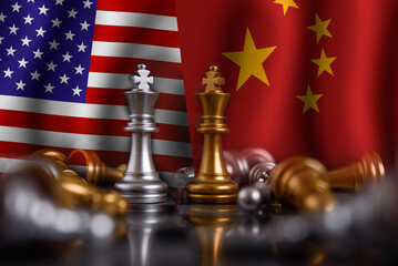 USA and China relations concept,chess king on chessboard with US America and Chinese national flag background,business strategy concept,team leader,chess battle,victory,wining,Democracy,Diplomatic