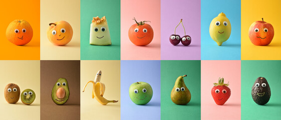 Set of colorful funny fruits with face