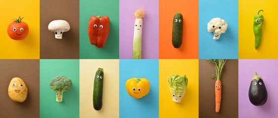 Set of colorful funny vegetables with face