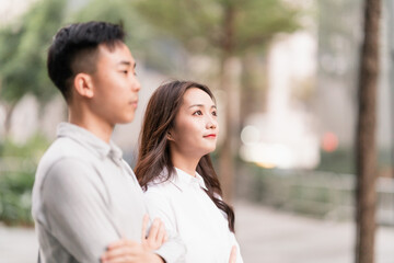 Naklejka premium Asian business men and women working partners outdoors